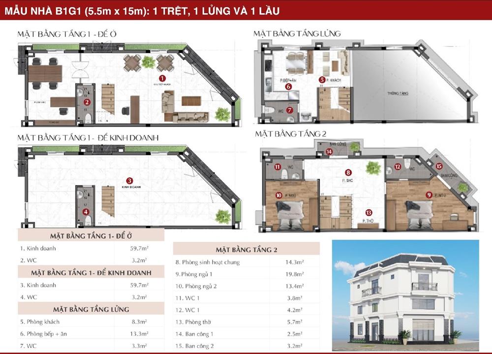 Mẫu nhà B1G1 (5.5mx15m): 1 trệt, 1 lửng và 1 lầu tại Dự Án Richland Residence.