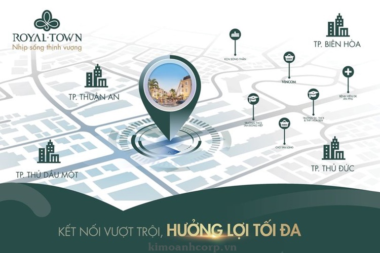 Royal Town sở hữu vị trí vô cùng đắc địa kết nối với các tiện ích ngoại khu chỉ vài phút di chuyển.