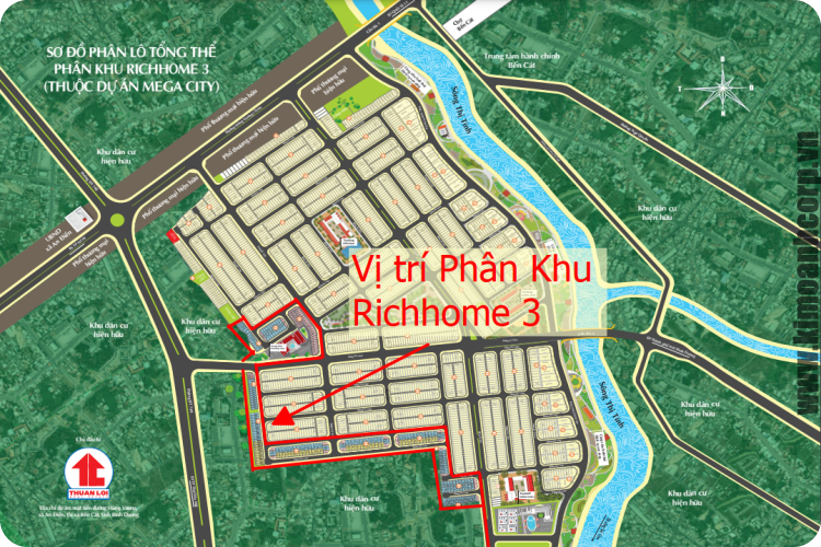 Sơ đồ Dự án Richhome 3 trong Khu Đô Thị Mega City Cầu Đò do Kim Oanh Group triển khai tại trung tâm Thị Xã Bến Cát, tỉnh Bình Dương.
