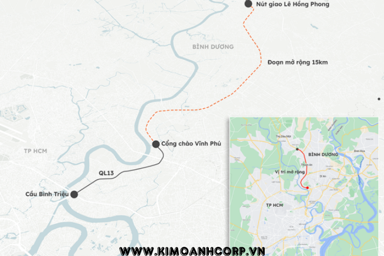 Quốc Lộ 13 (Đại Lộ Bình Dương) Đoạn mở rộng dài hơn 12 km.